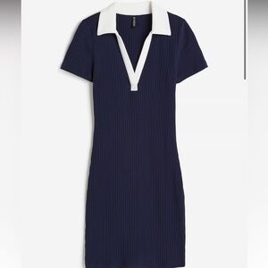 Ribbed Polo V-Neck Dress with Collar - Navy